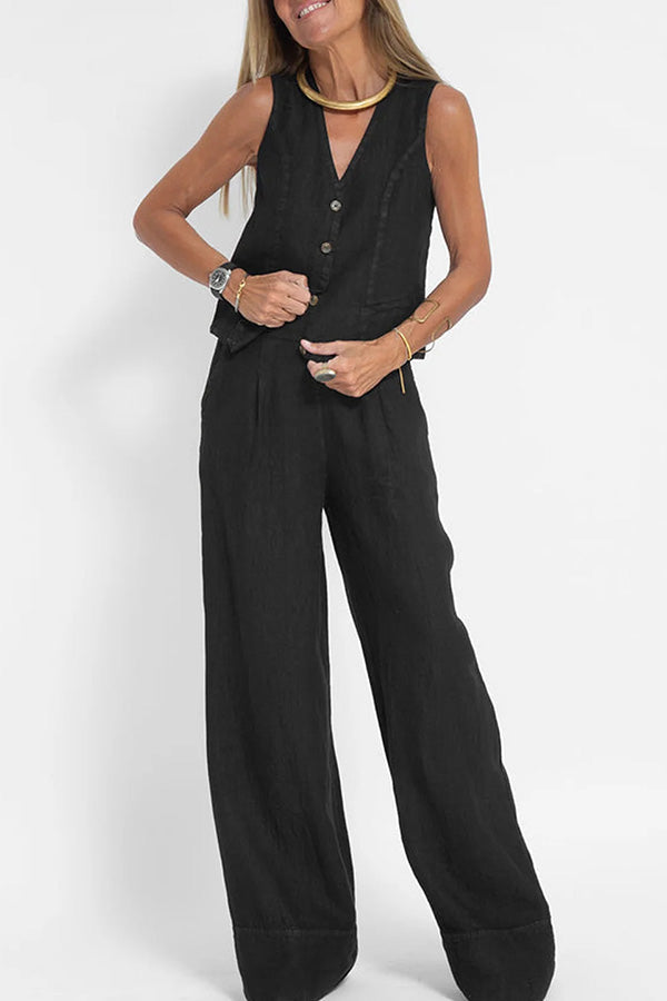 Blazer en lin avec boutons et taille élastiquée, pantalon avec poches et jambes larges