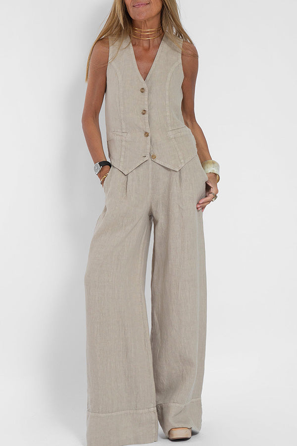 Blazer en lin avec boutons et taille élastiquée, pantalon avec poches et jambes larges