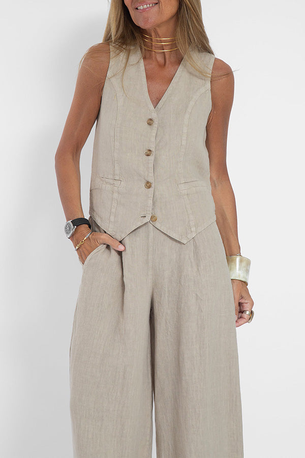 Blazer en lin avec boutons et taille élastiquée, pantalon avec poches et jambes larges