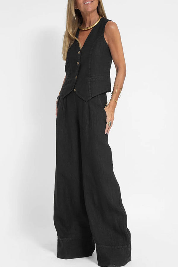 Blazer en lin avec boutons et taille élastiquée, pantalon avec poches et jambes larges