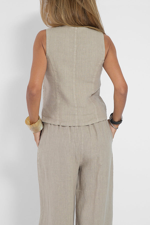 Blazer en lin avec boutons et taille élastiquée, pantalon avec poches et jambes larges