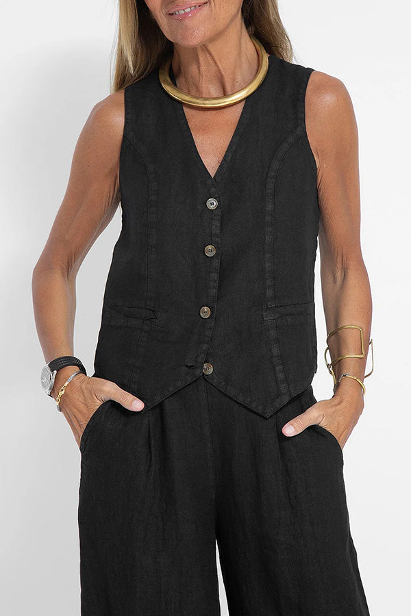 Blazer en lin avec boutons et taille élastiquée, pantalon avec poches et jambes larges