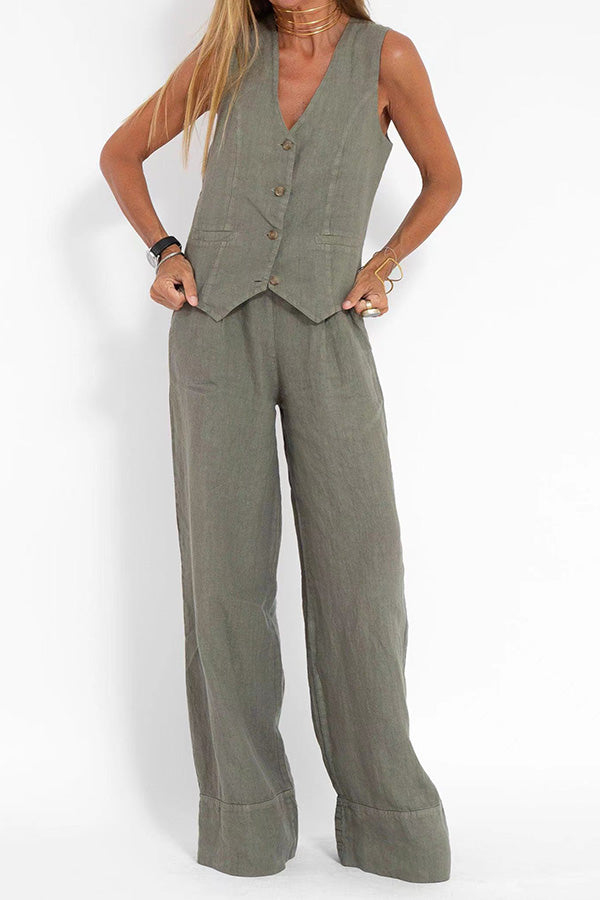 Blazer en lin avec boutons et taille élastiquée, pantalon avec poches et jambes larges