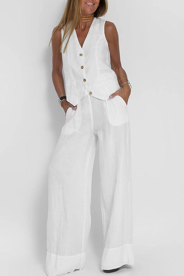 Blazer en lin avec boutons et taille élastiquée, pantalon avec poches et jambes larges